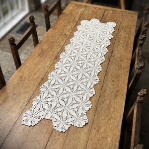 Vintage Crochet Lace Table Runner 65x17 Handmade Floral Cottage Farmhouse Cotton